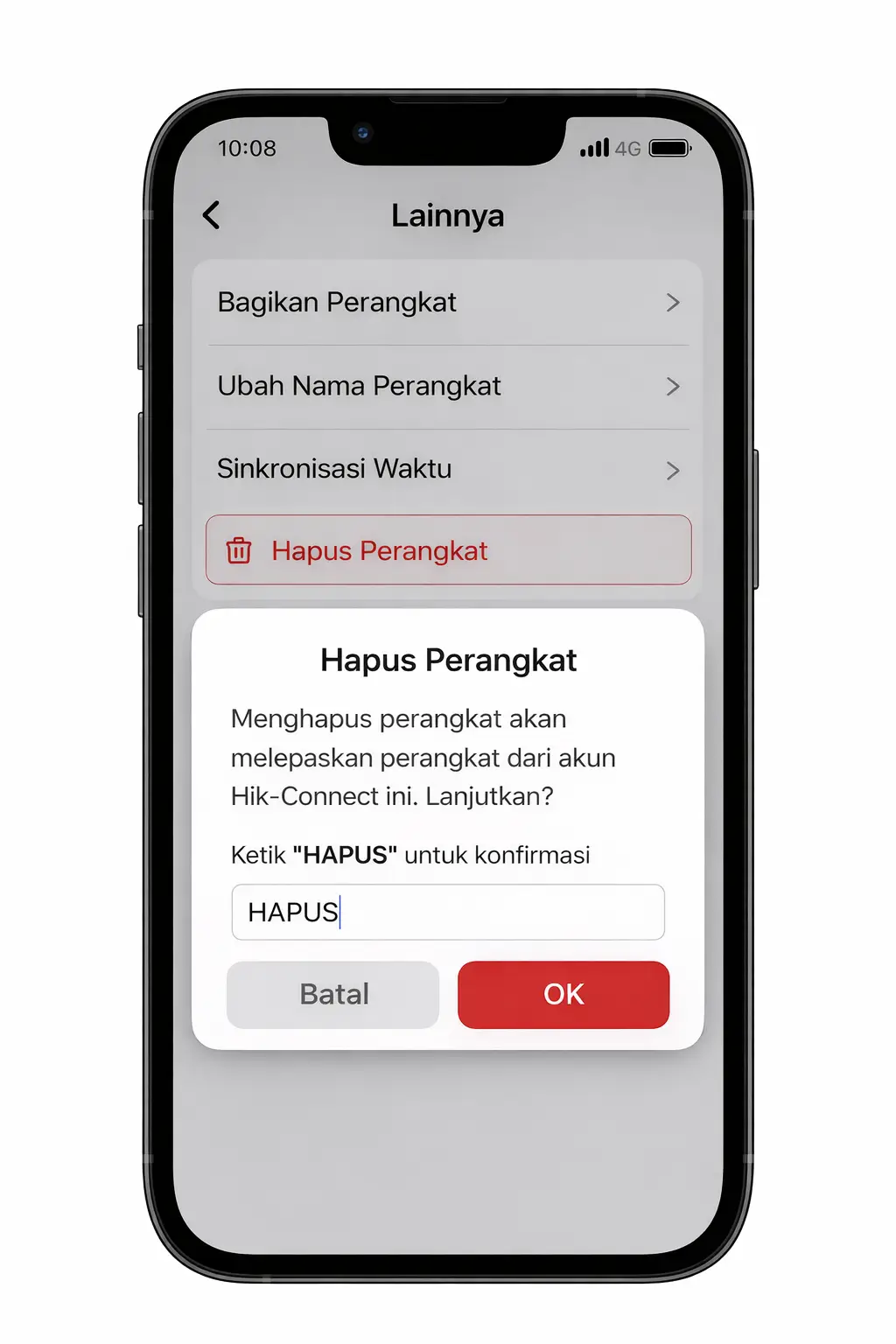 Layar menu unbind untuk cara menghapus akun lama di HikConnect