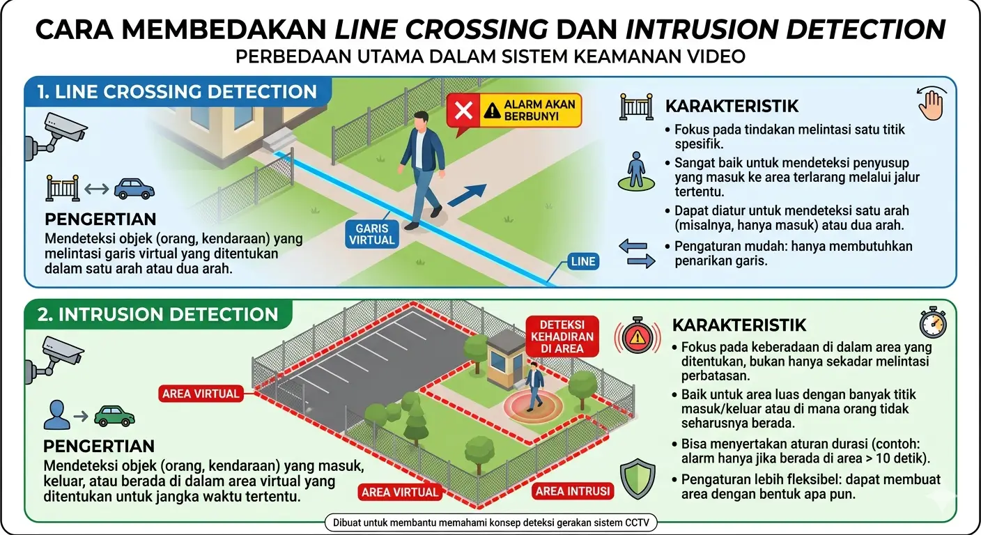 cara membedakan fitur Line Crossing Detection dengan Intrusion Detection